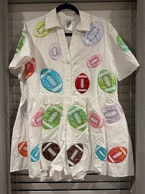 QUEEN OF SPARKLES White Short Sleeve Romper with Multicolor Football Appliqués